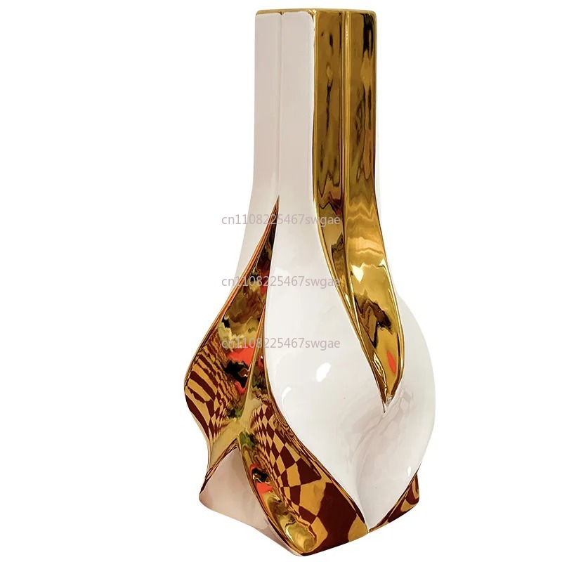 Home Decor Luxury - การตกแต่งห้องนั่งเล่น แจกันดอกไม้สร้างสรรค์ แจกันพอร์ซเลนสีขาวขนาดใหญ่สไตล์เรโทร หรูหราเบาๆ สีทอง สำหรับปลูกพืชไฮโดรโปนิกส์ในบ้าน