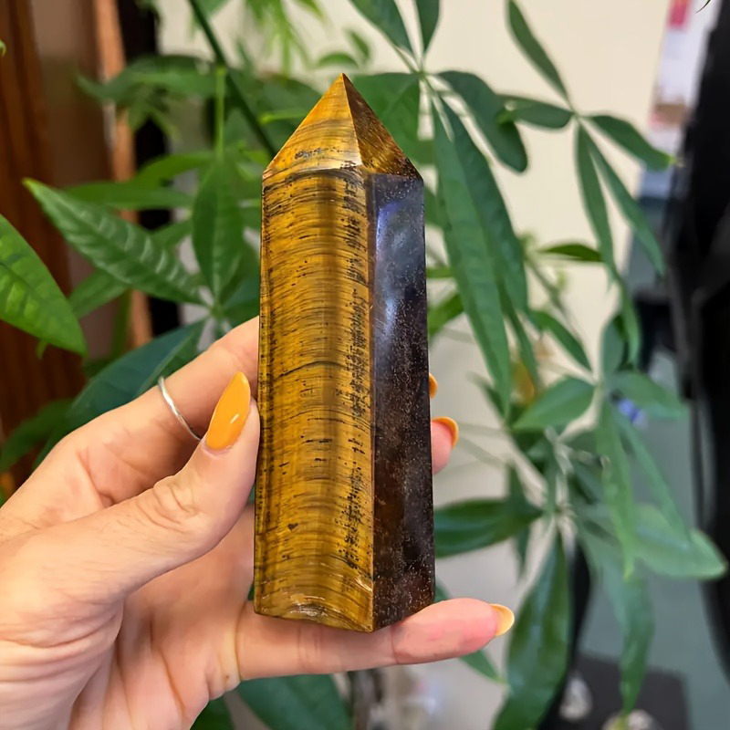 Home Decor Modern Organic - แท่งคริสตัลไทเกอร์อายธรรมชาติขนาด 10 ซม. ขัดเงา รูปทรงโอเบลิสก์ หินบำบัดสำหรับปรับสมดุลจักระ