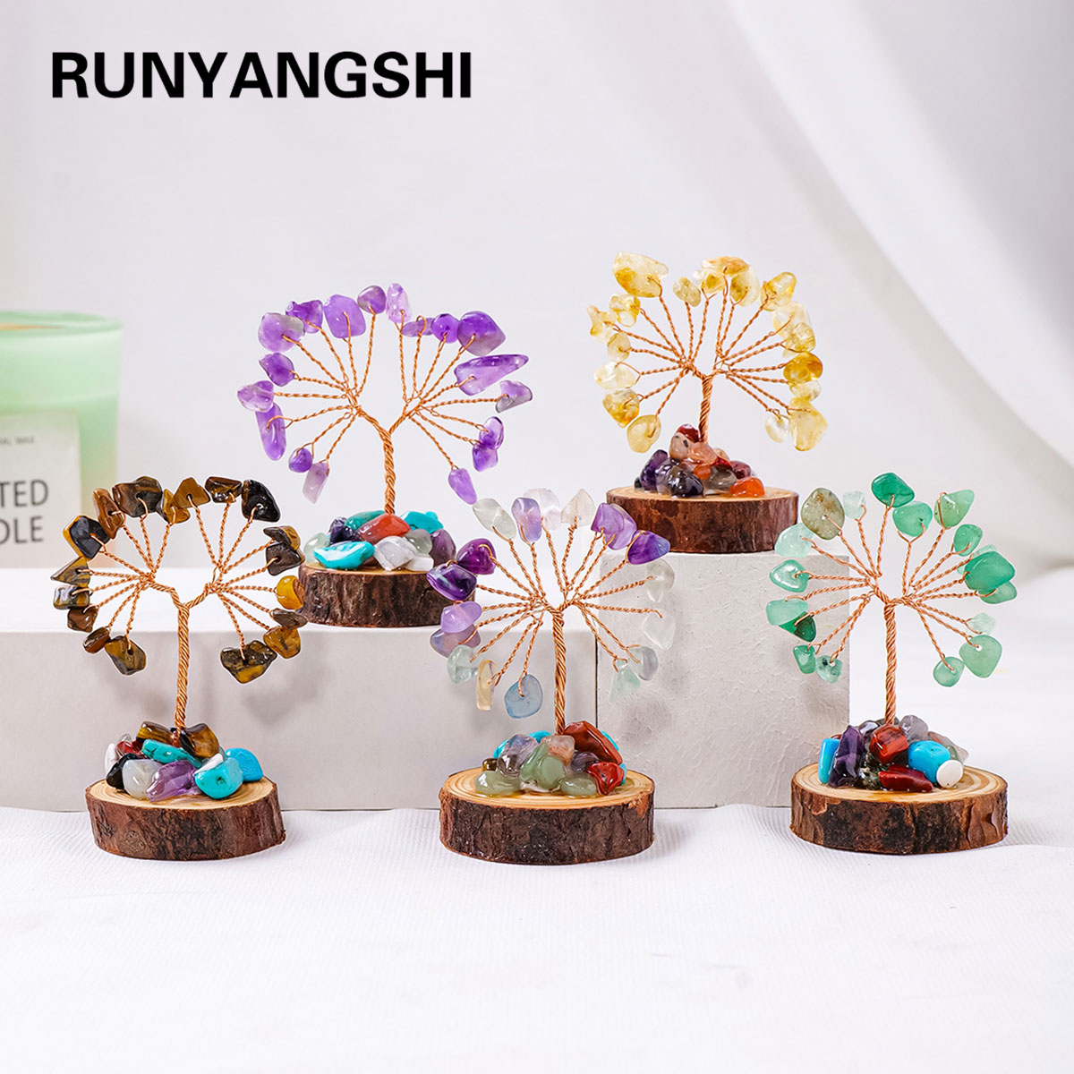 Home Decor Modern Organic - 1PC อัญมณีธรรมชาติคริสตัล Chakela Lucky Tree ฐานไม้